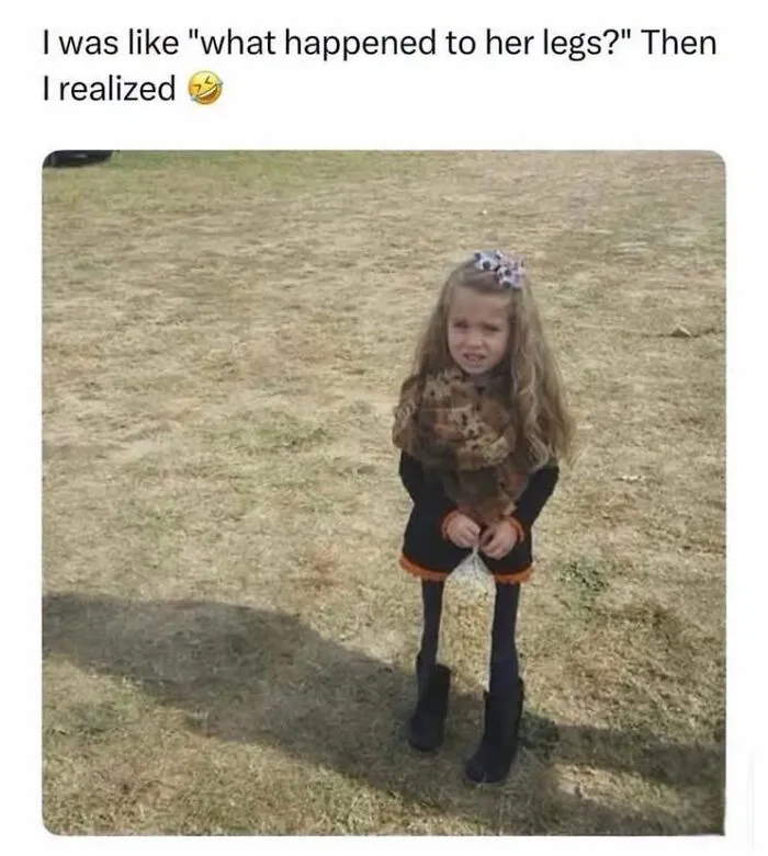 An optical illusion of a girl holding popcorn, appearing to have very thin legs, as seen in edgy memes.