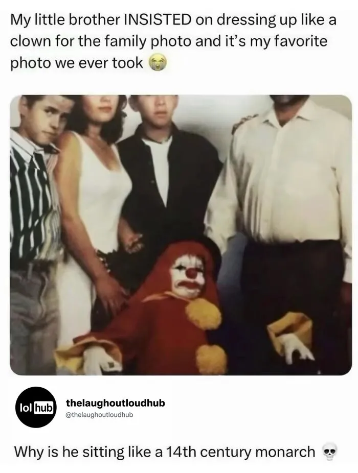 A funny family portrait with a boy dressed in a clown costume, a classic example of edgy memes.