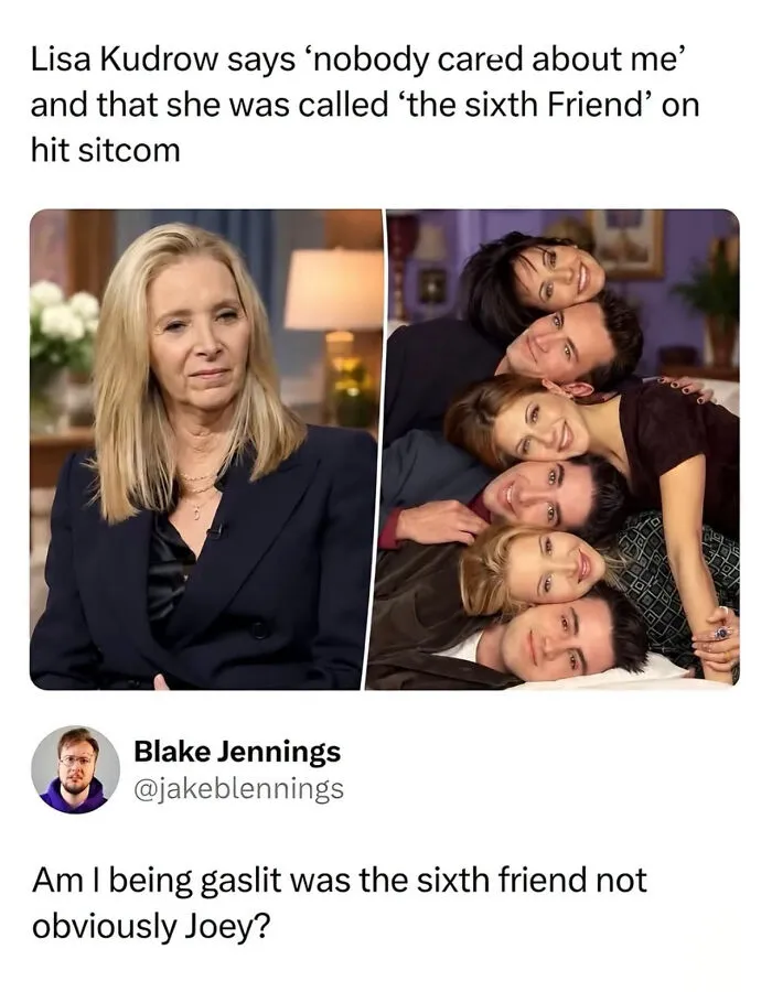 Lisa Kudrow next to the Friends cast in a social media post, part of edgy memes.