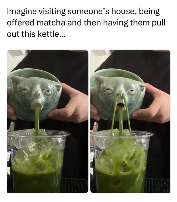 A cat ceramic kettle pouring green tea, showcasing one of the edgy memes.