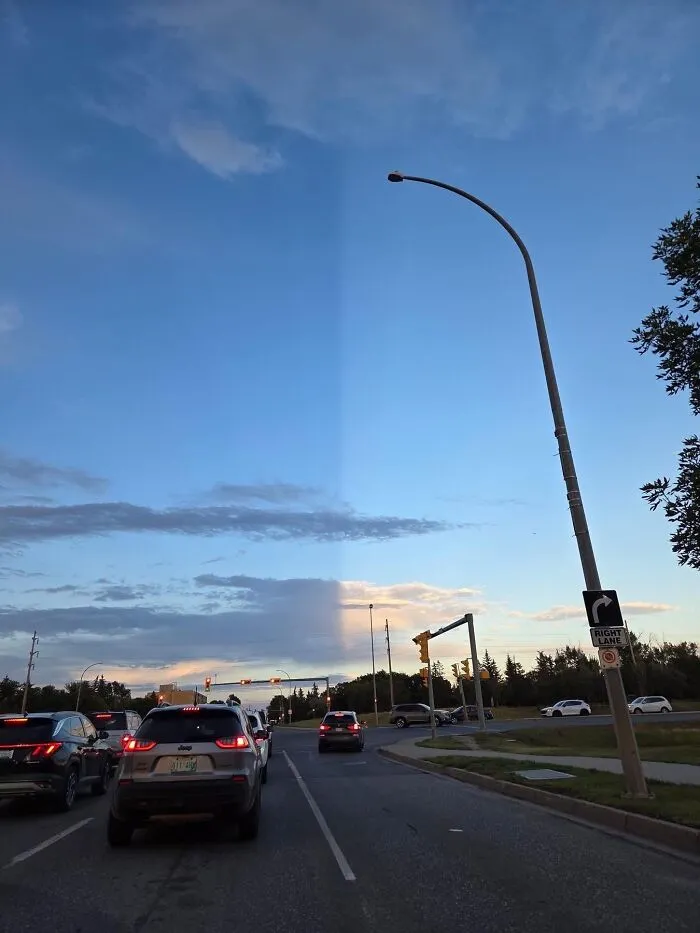 A split sky phenomenon making you wonder if your eyes are playing tricks on you during a drive