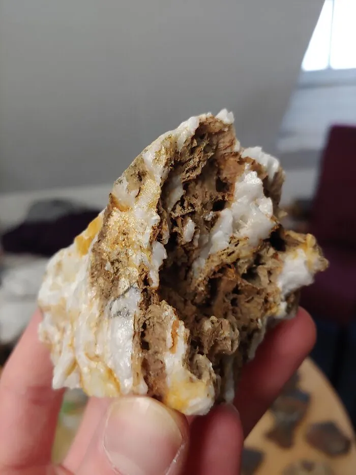 A rough mineral rock that creates a optical trick making it look like a piece of fried food.
