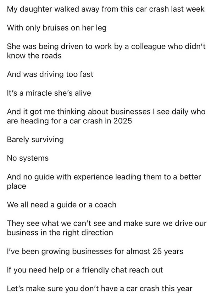 LinkedIn post reflecting on a business coach after a daughter's near car crash