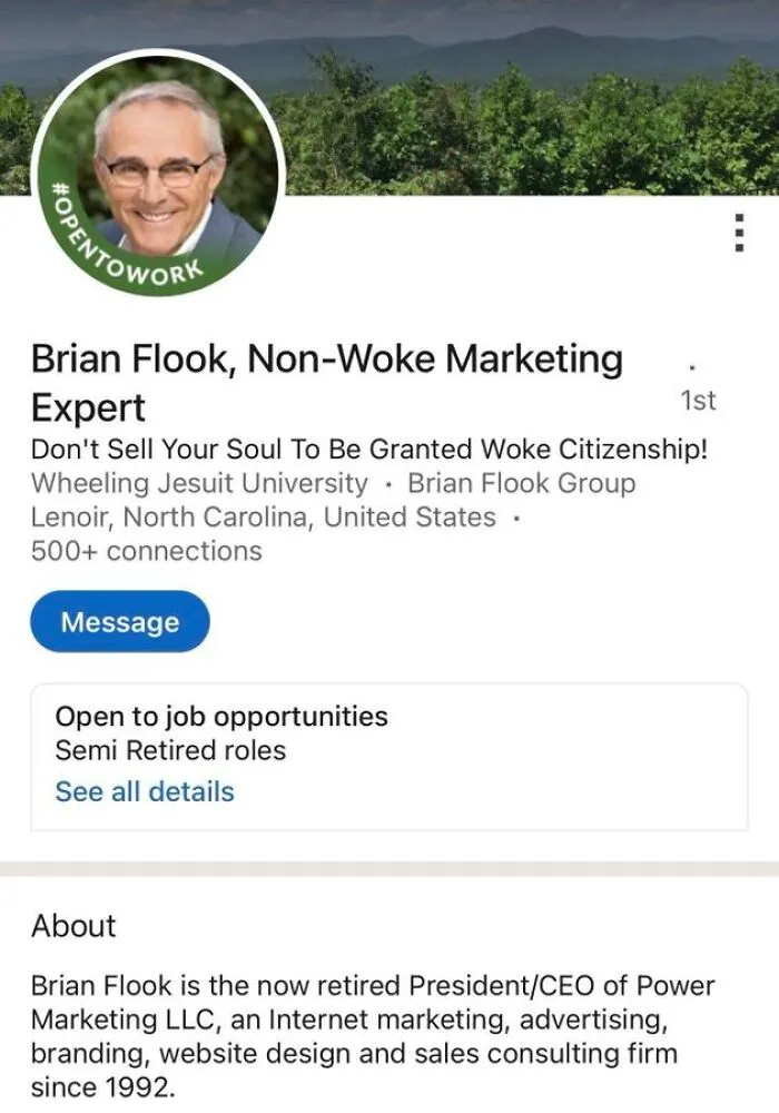 LinkedIn profile showing non-woke marketing expert open to job opportunities