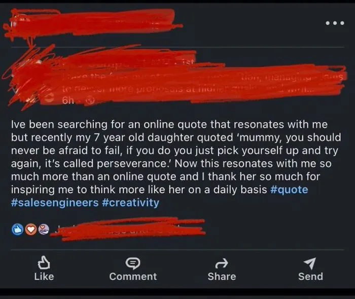 LinkedIn post sharing inspiring perseverance quote from daughter
