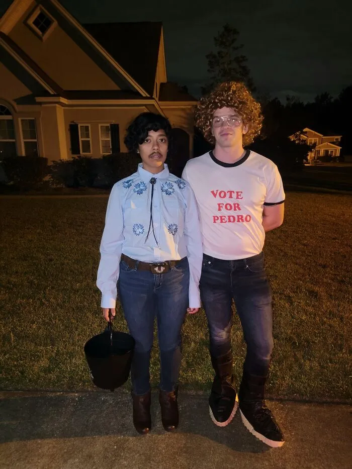 Cool Halloween couples costume featuring Pedro and Napoleon Dynamite wearing his Vote For Pedro shirt