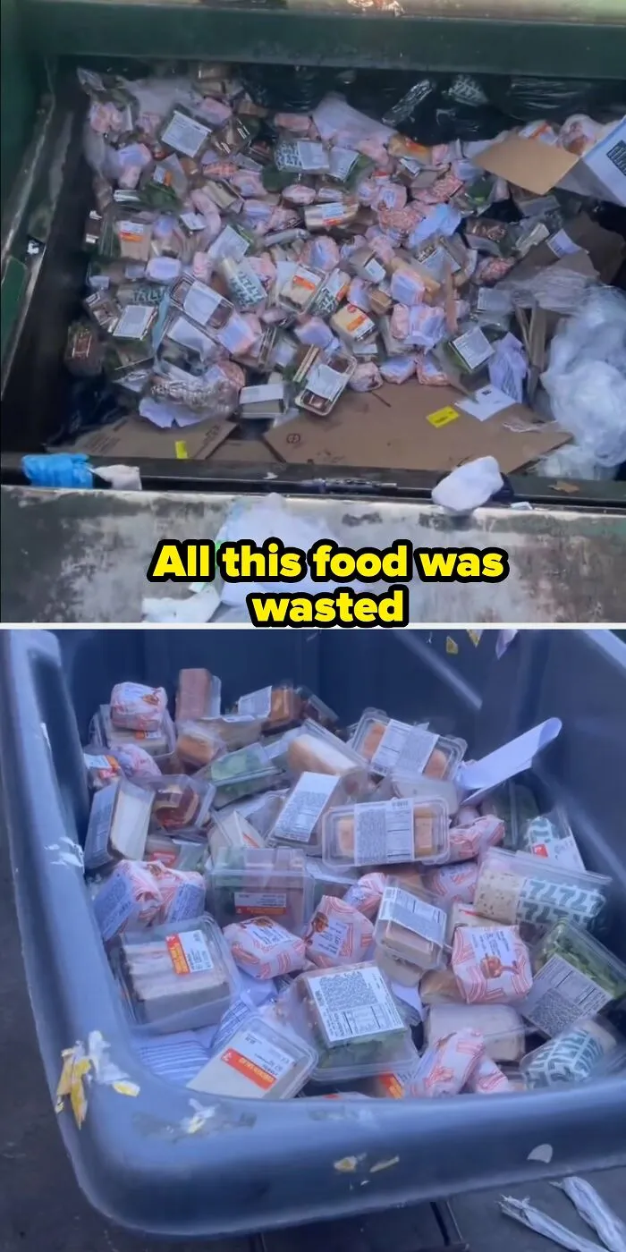 A dumpster full of packaged sandwiches, highlighting issues in modern life in America.