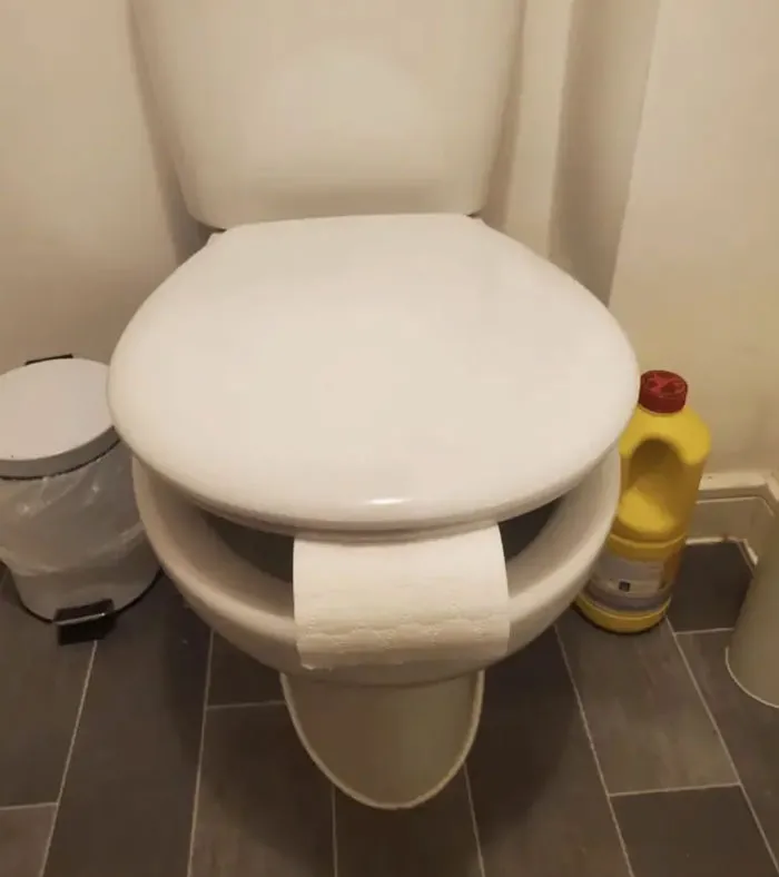 Toilet paper roll caught directly under the closed toilet seat lid in a home bathroom.
