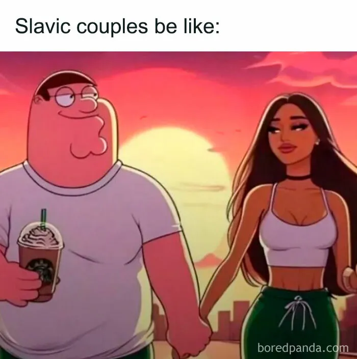 Cartoon drawing of Peter Griffin and a attractive woman holding hands, illustrating complex memes.