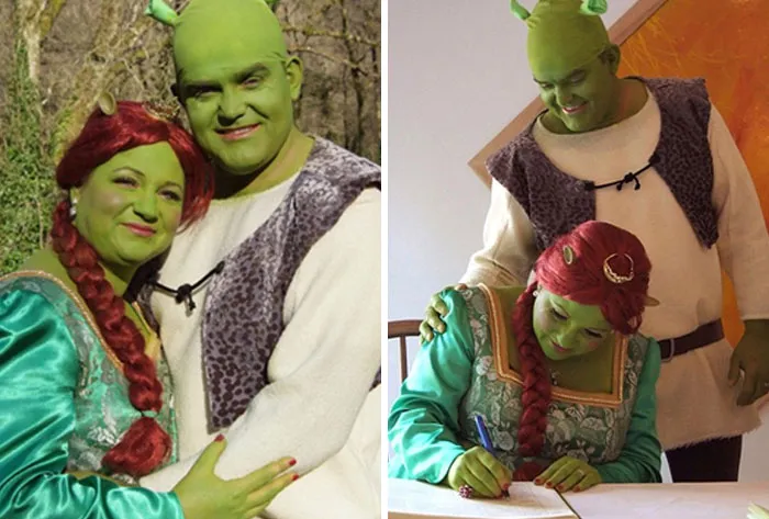 A couple dressed as Shrek and Fiona for their ceremony, creating questionable wedding memories