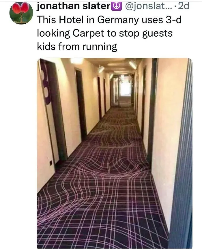 A hotel hallway in Germany featuring a 3D optical illusion carpet to slow down walking
