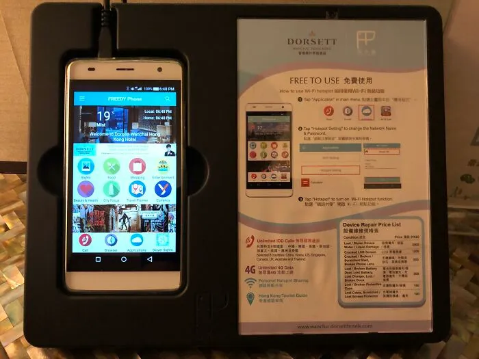 Ingenious things in hotel room: a free smartphone with hotspot capabilities for guest use.