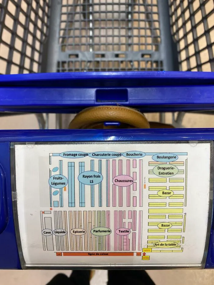 Useful and ingenious things in shopping cart featuring a detailed store map attached to the handle.