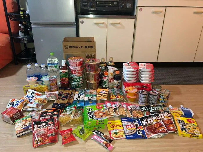Useful and ingenious things: A large array of organized emergency food rations and supplies.