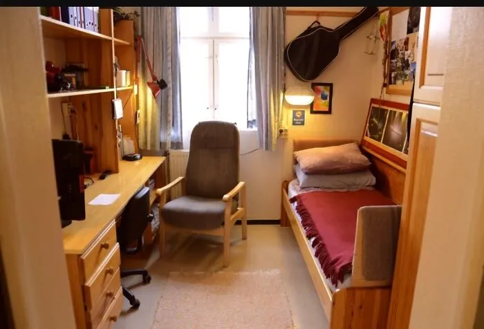 Ingenious things: compact student room featuring a bed, study desk, arm chair, and guitar storage.
