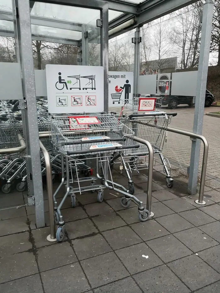 Special shopping carts designed for wheelchair users showing ingenious things in various parts of the world.