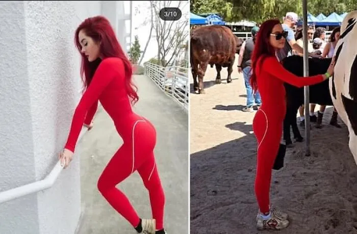 Photos showing contrast of edited and real body shape in red outfit