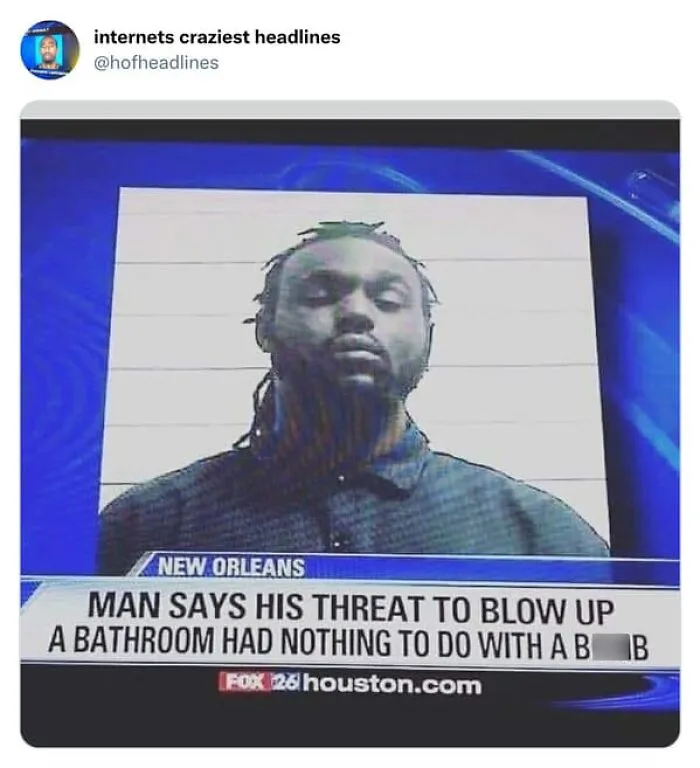 A mugshot on a news report with a humorous headline, showcasing funny news headlines
