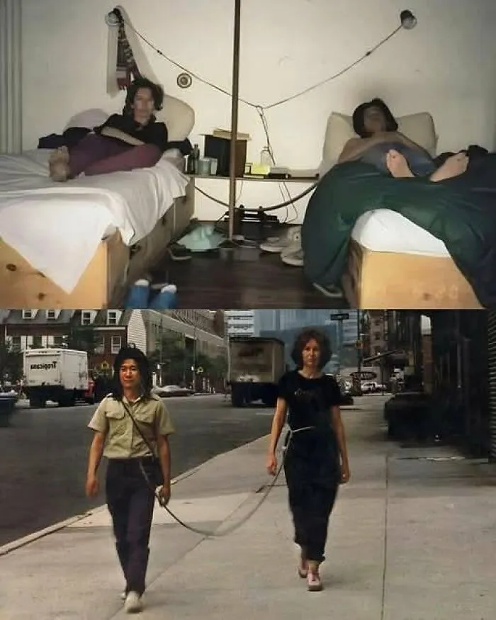 A two-panel photo showing an unusual performance art piece, an example of weird photos
