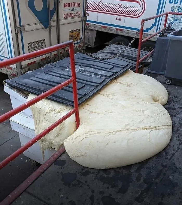 Massive overgrown pizza dough spilling out of a dumpster among weird photos.