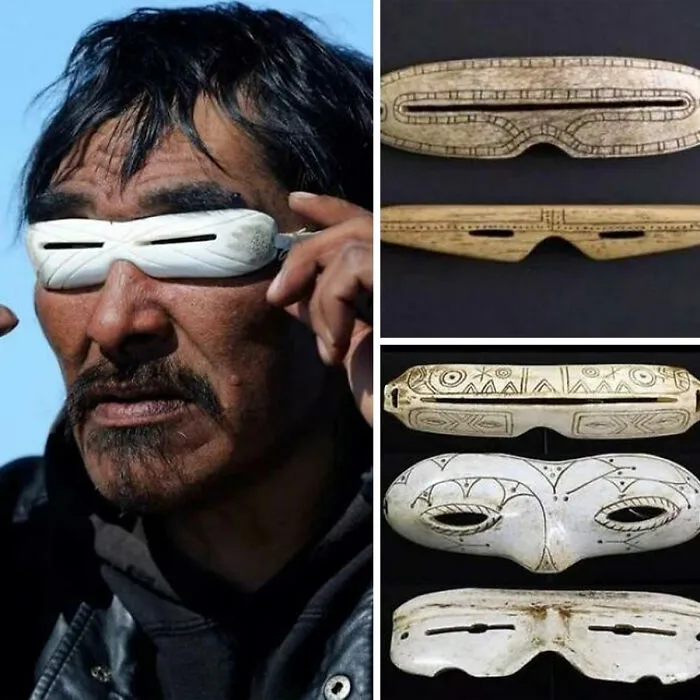 Close-up of a man wearing traditional Inuit snow goggles made of bone, among interesting and cool pics