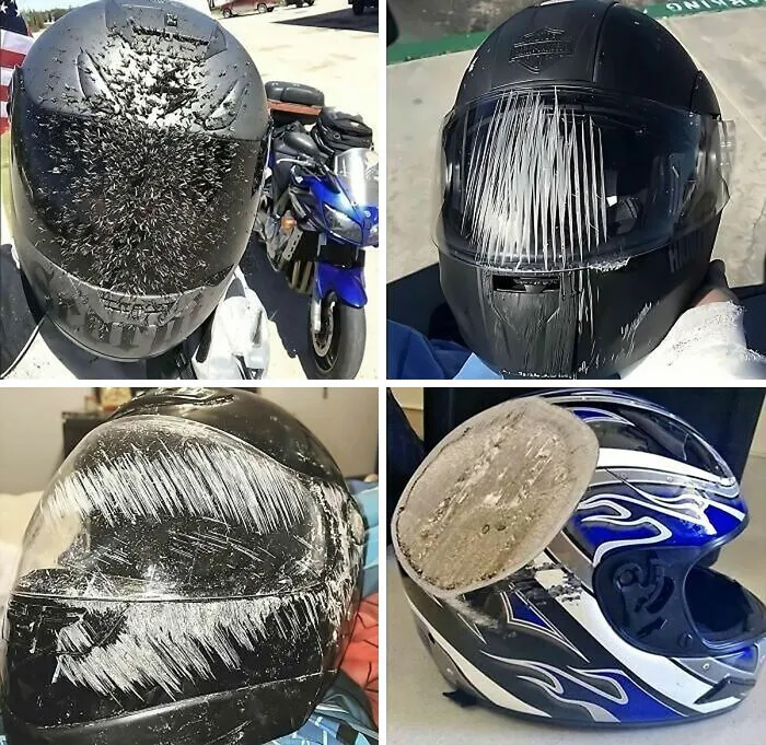 Four different motorcycle helmets showing heavy damage, an interesting pic of safety gear doing its job