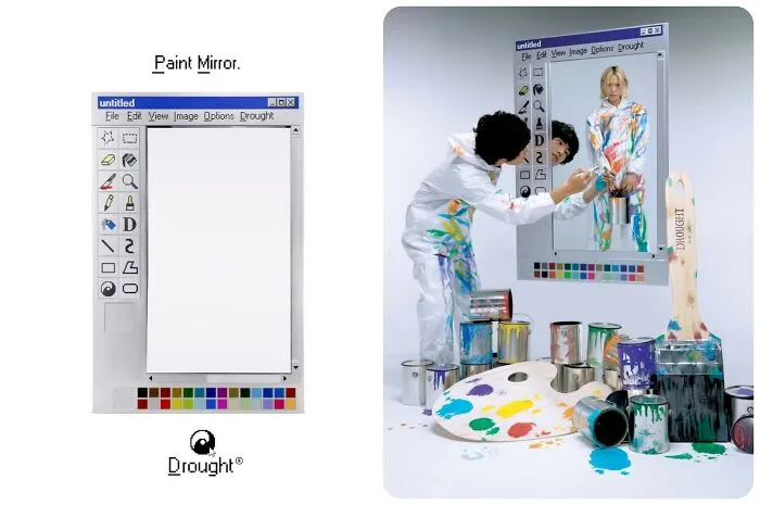 An MS Paint-style mirror art installation reflecting early internet nostalgia with paint cans around.
