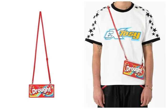 Early internet nostalgia handbag inspired by a candy box and worn as a crossbody bag