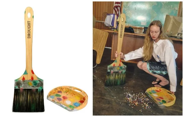 A MS Paint brush and palette set shaped as a broom and dustpan showcasing early internet nostalgia
