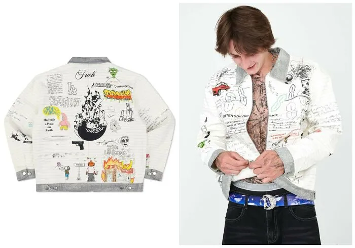 A white jacket inspired by early internet nostalgia covered with digital school doodles and graffiti