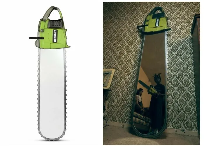 A real-life object chainsaw mirror on a wall, capturing early internet nostalgia.