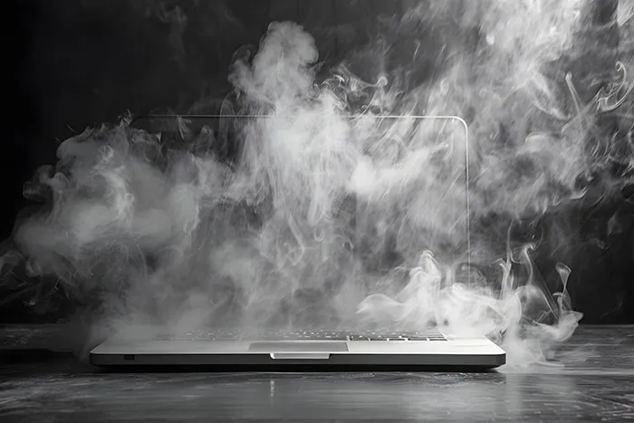 Heavy smoke rises from an overheating laptop in a worst-case scenario tech failure.