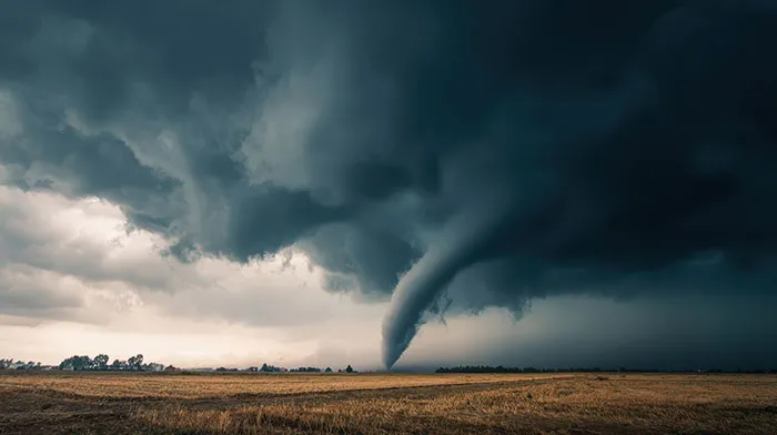 A massive tornado touching down in an open field, depicting worst-case scenarios in weather.
