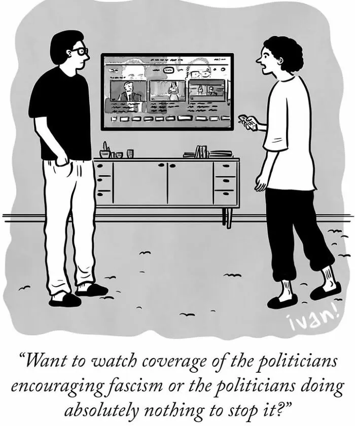 Ivan Ehlers cartoon questioning political coverage and fascism with two people watching TV