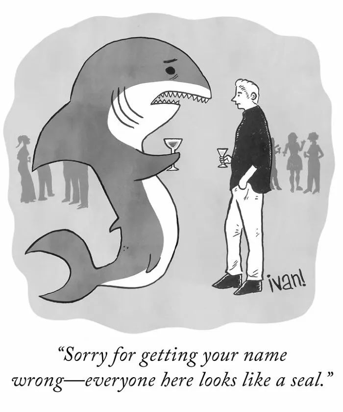 Single-panel cartoon showing a shark apologizing at a social party with political cartoon theme
