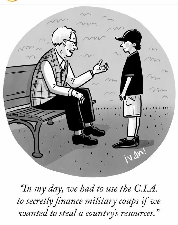 Older man telling a boy about using CIA covertly to finance military coups in cartoon