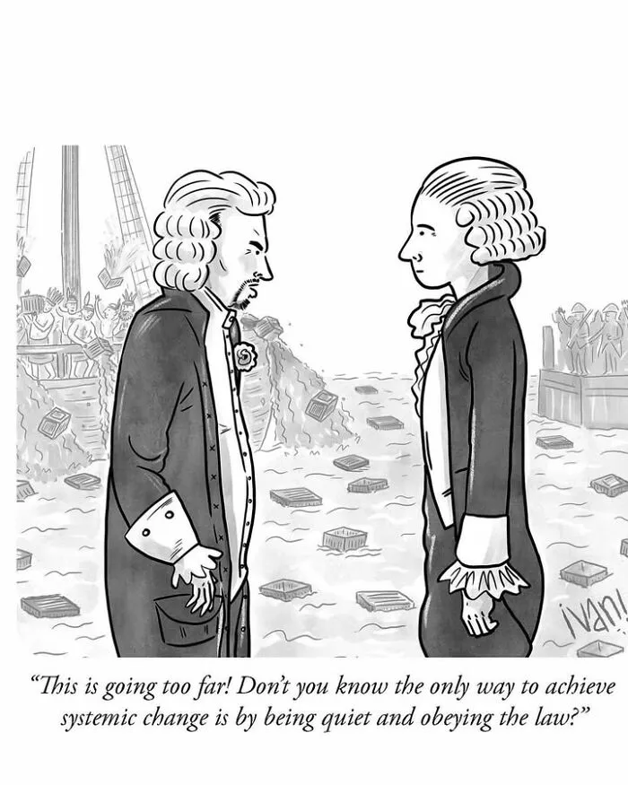 Political cartoon depicting two historical figures debating systemic change amid a sea of floating crates