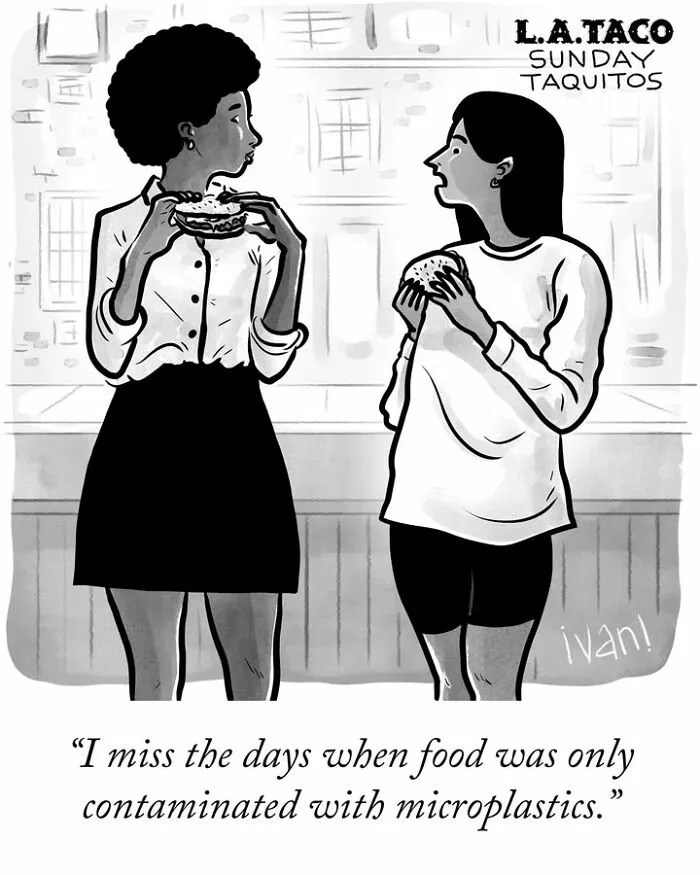 Cartoon of two women eating tacos lamenting food contamination with microplastics