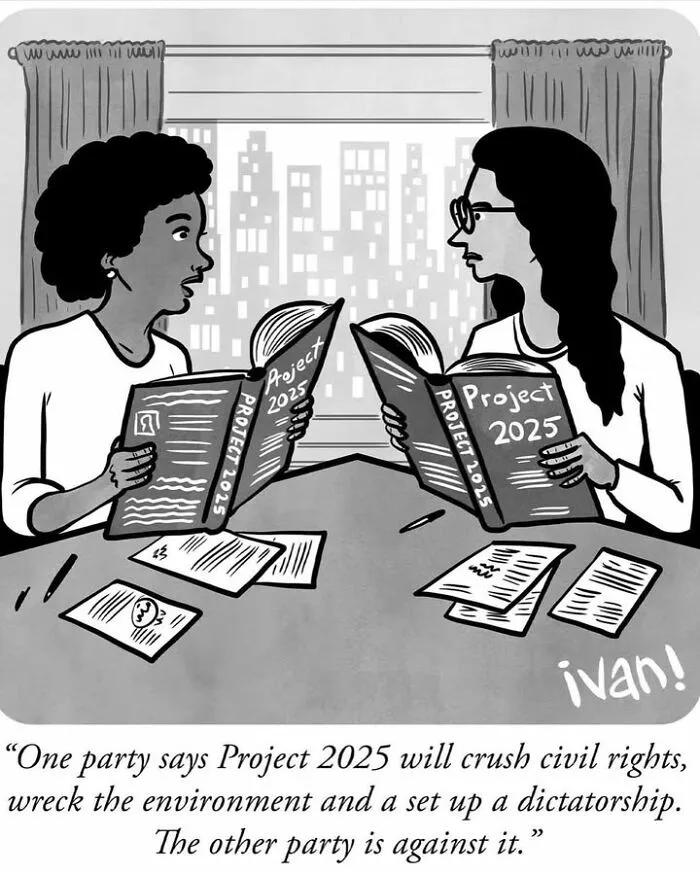 Political cartoon showing two people discussing Project 2025 impact on civil rights and environment