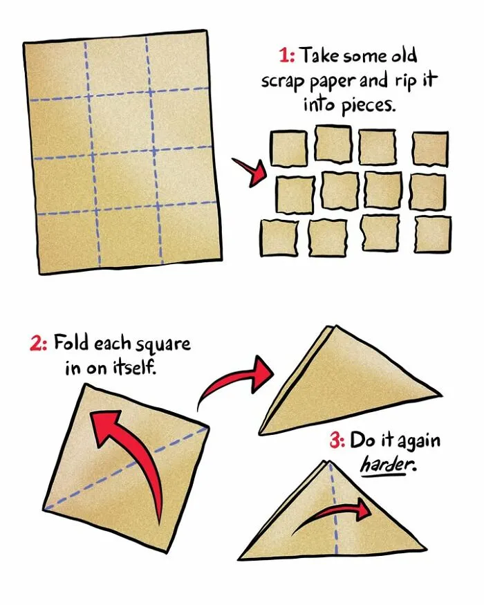 Step-by-step cartoon instructions demonstrating how to fold scrap paper into triangles