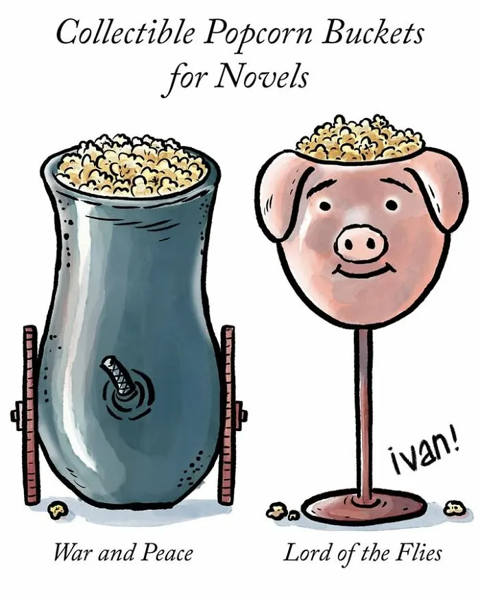 Collectible popcorn buckets cartoon with illustrations inspired by War and Peace and Lord of the Flies novels