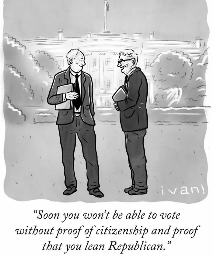 Political cartoon depicting two men outside White House discussing voter ID and political leaning