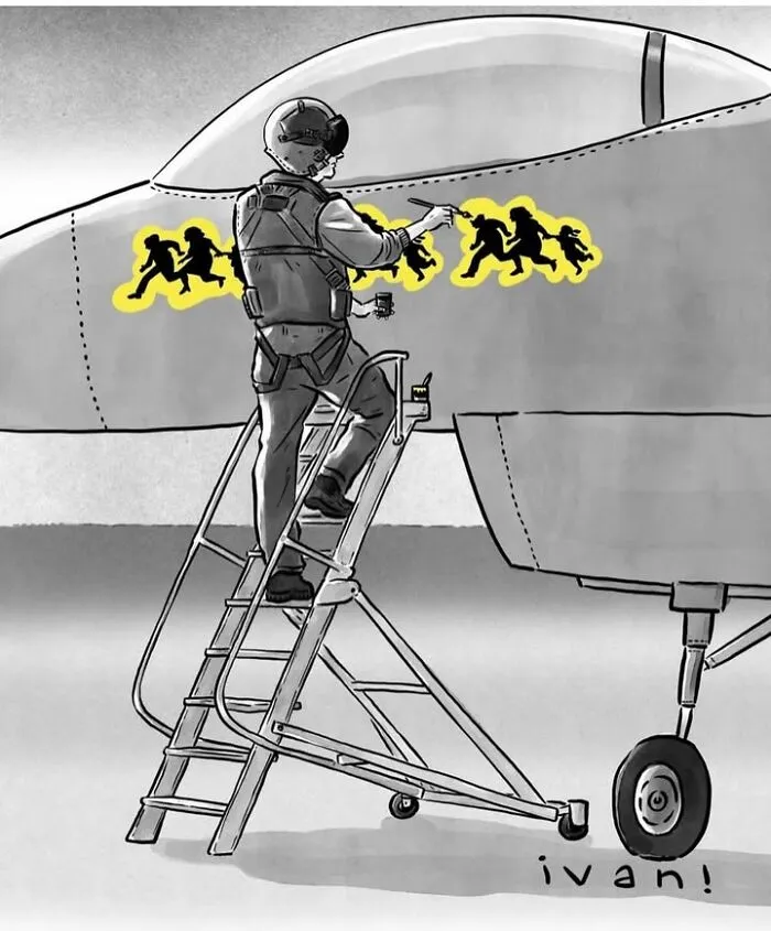 Single-panel political cartoon of soldier painting immigrant silhouettes on a plane