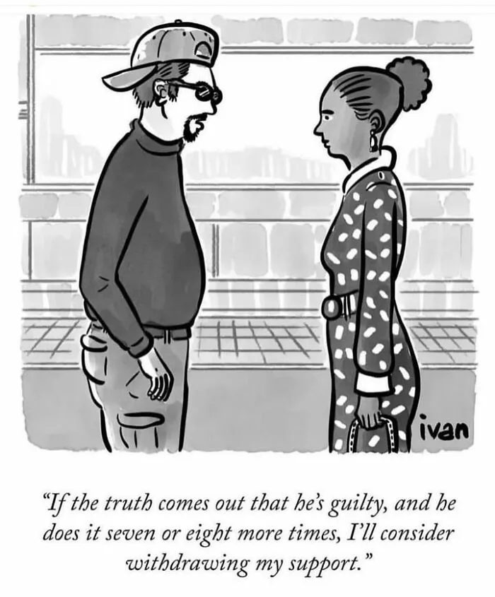 Political cartoon of a man and woman debating support based on repeated guilt