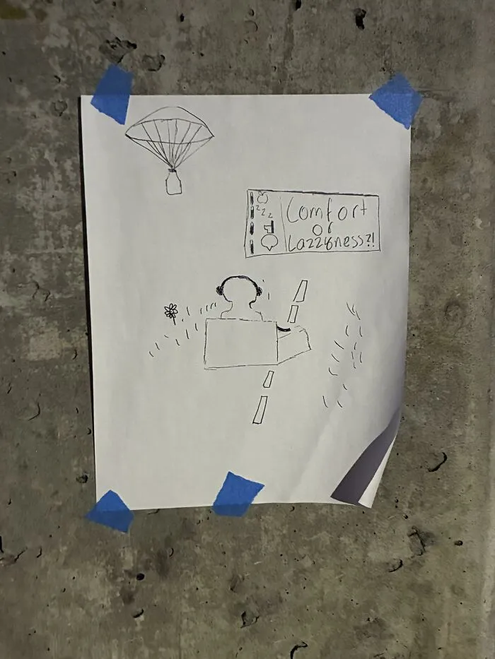 Found paper drawing taped to a wall depicting a figure sitting with a sign about comfort.