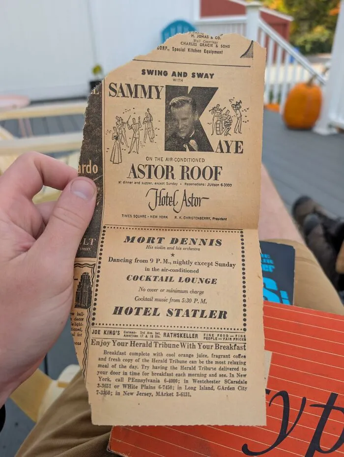 Vintage paper ad discovered featuring Sammy Kaye and Mort Dennis performances.