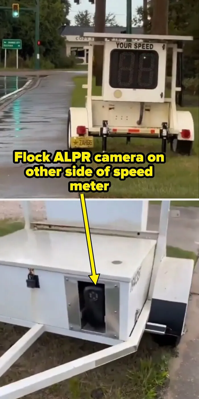 A speed trailer with a hidden Flock ALPR camera, a symbol of surveillance in modern life in America