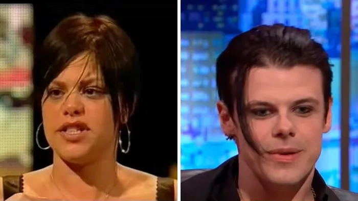 Side-by-side comparison of celebrity lookalikes Jade Goody and Yungblud sharing similar facial structures.