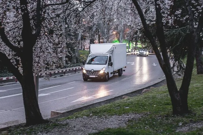 A white delivery van driving on a road surrounded by cherry blossom trees near strangers.