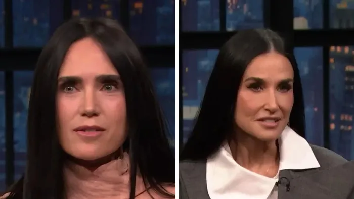 Celebrity lookalikes Jennifer Connelly and Demi Moore side-by-side highlighting their matching dark hair